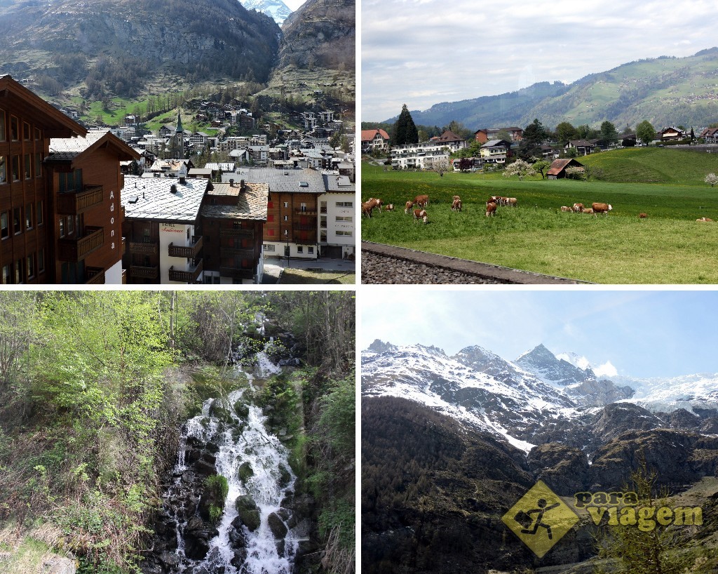 Viagem de Interlaken até Zermatt: campos verdes com vaquinhas, vilarejos perdidos no meio do nada, cachoeiras e picos nevados