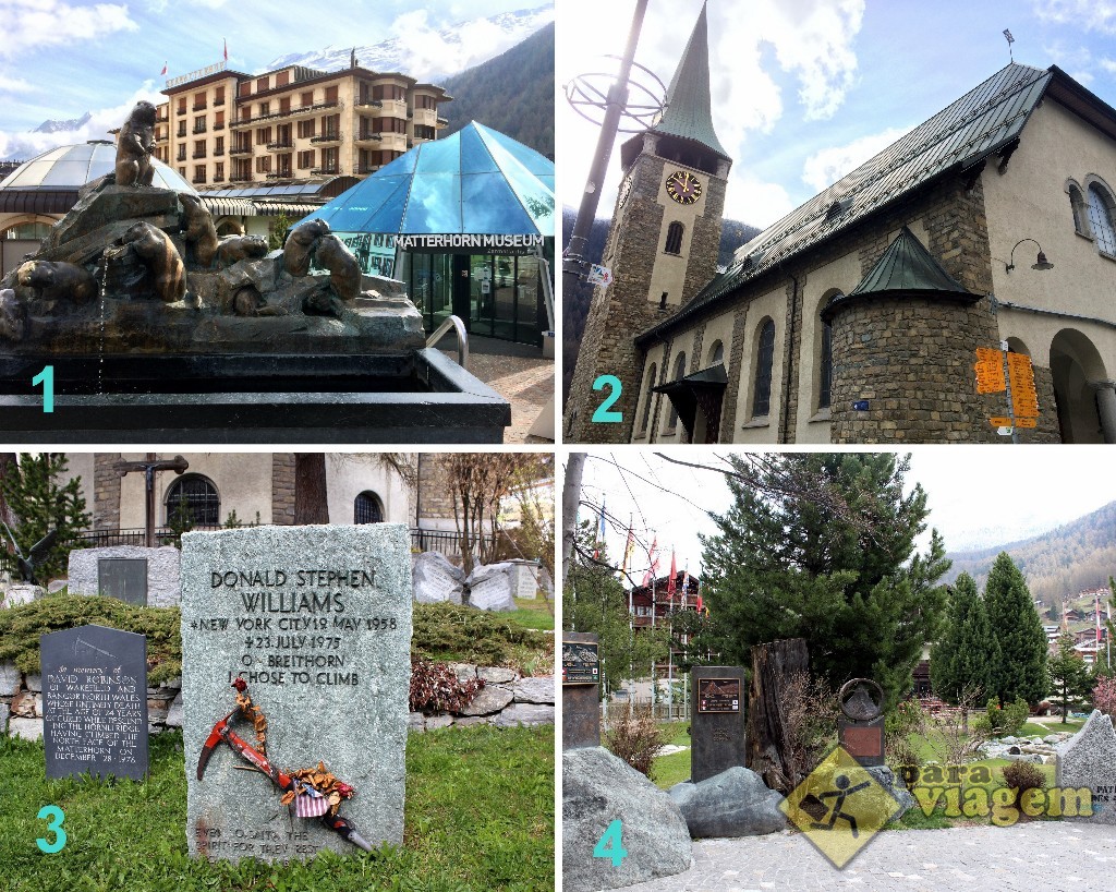 1) Fonte da Marmota e o Matterhorn Museum; 2) Igreja St. Mauritius; 3) Cemitério dos Alpinistas; 4) Memorial aos Alpinistas e Guias de Alpinismo.
