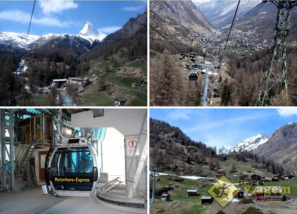 ZERMATT até FURI – Passeio no teleférico tipo cabine e com uma bela vista da cidade (foto direita superior) e do Matterhorn