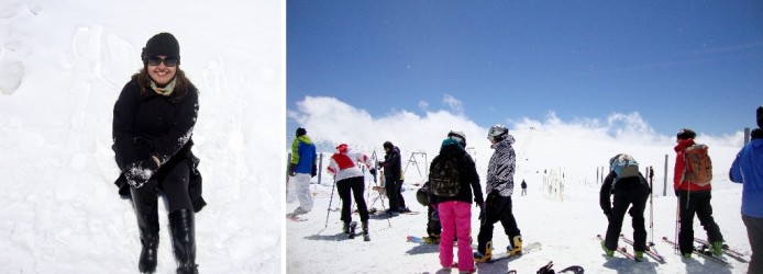 Sentada na neve (depois de ter deitado e rolado, literalmente) e os frequentadores se preparando para esquiar, em plena primavera!