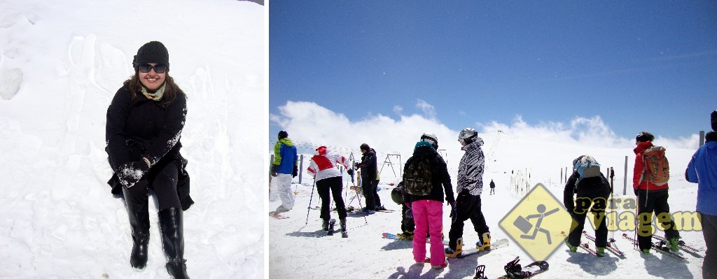 Sentada na neve (depois de ter deitado e rolado, literalmente) e os frequentadores se preparando para esquiar, em plena primavera!