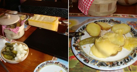 Raclette: derretendo no aparelho (esq) e despejado sobre batatas (dir)
