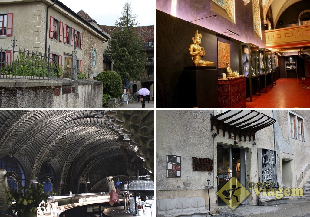 EM CIMA: o Tibet Museum. EMBAIXO: HR Giger Bar (esq) e o HR Giger Museum (dir)