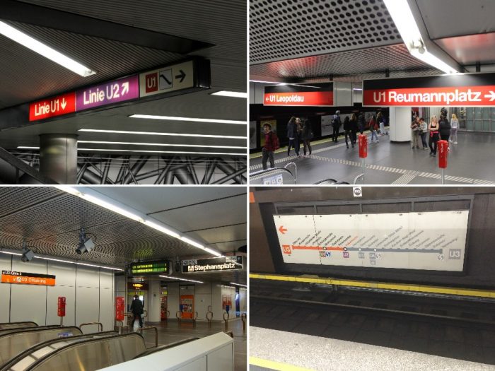 O metrô de Viena é super bem sinalizado. Basta saber para onde você quer ir. Na foto direita inferior, uma placa com o itinerário da linha exposto na plataforma do metrô