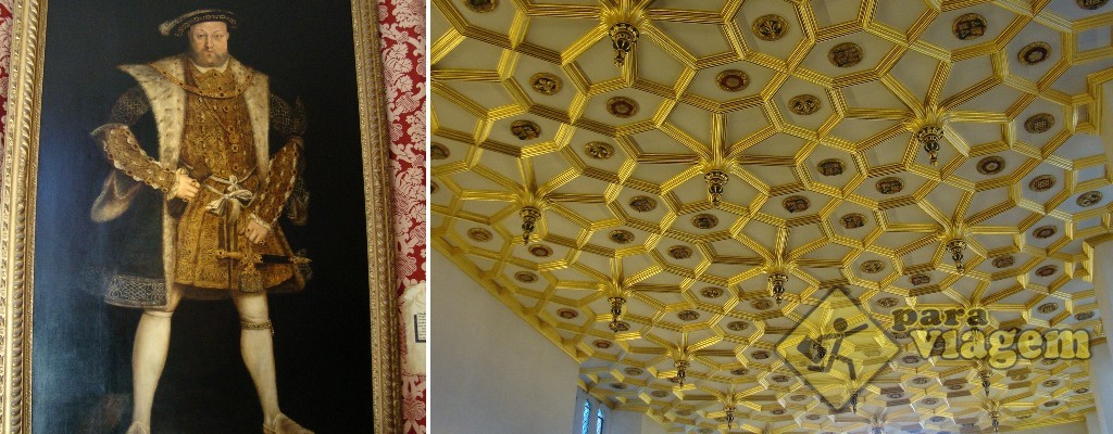Painel com a foto mais famosa de Henrique VIII (esq) e o teto dourado da sala anexa ao Great Hall (dir)