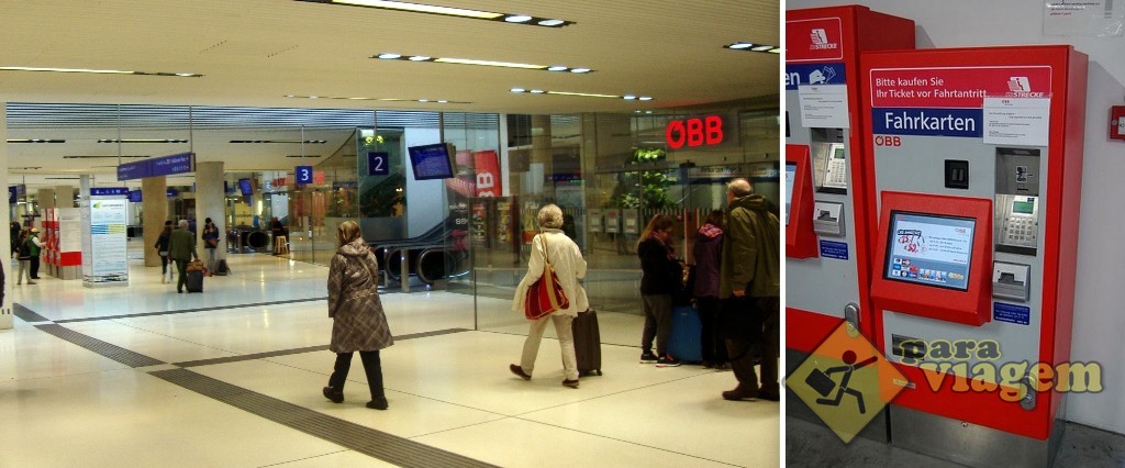 ESQ: Estação de Salzburgo. Veja a loja da ÖBB à direita e as máquinas lá atrás, na extrema esquerda desta foto. DIR: Detalhe da máquina de comprar os bilhetes