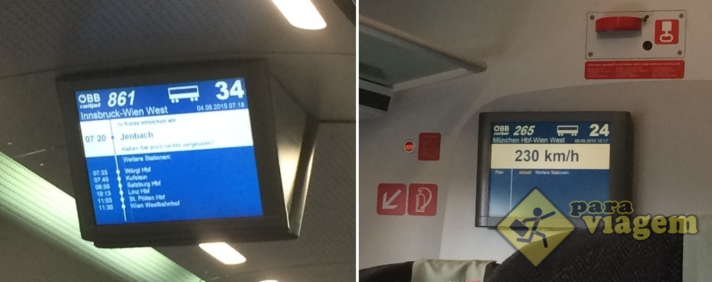 Monitor com as próximas paradas (ESQ) e a velocidade do trem (DIR)