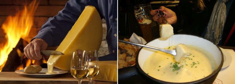 Raclette (esq) e fondue de queijo (esq)