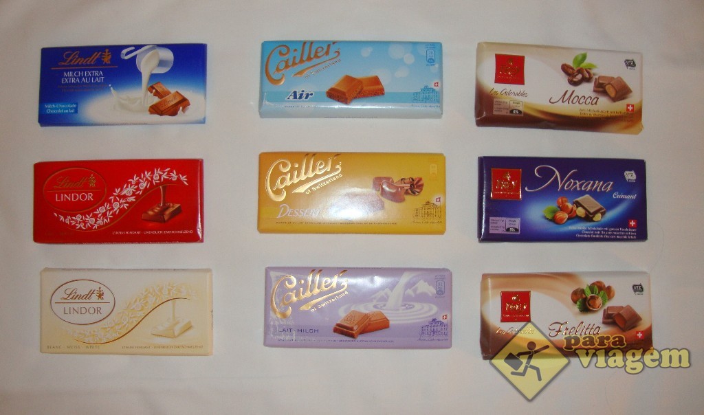 Chocolates suíços: Lindt (esq), Cailler (centro) e Frey (dir)
