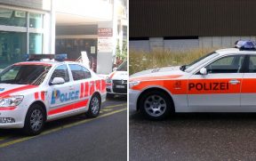 Viatura da polícia em Genebra (esq) e em Zurique (dir)