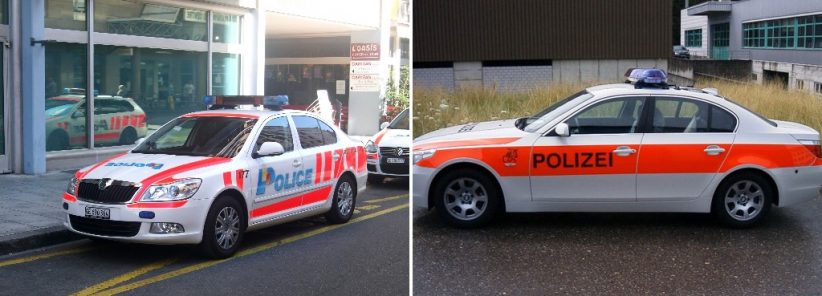 Viatura da polícia em Genebra (esq) e em Zurique (dir)
