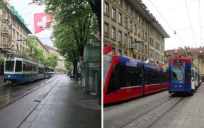 O Tram (ou bonde) é um dos transportes mais usados nas cidades suíças. Nesta foto, vemos exemplares em Zurique (esq) e em Berna (dir)