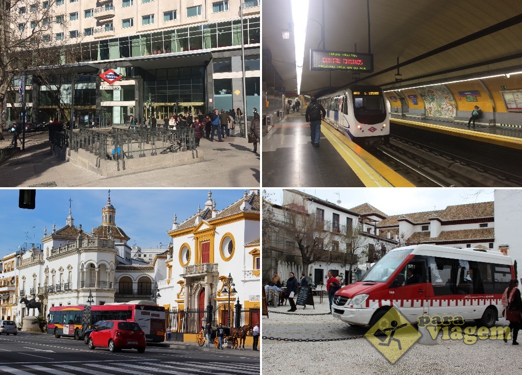 EM CIMA: Metrô de Madrid. EMBAIXO: Ônibus em Sevilha (esq) e em Granada (dir)