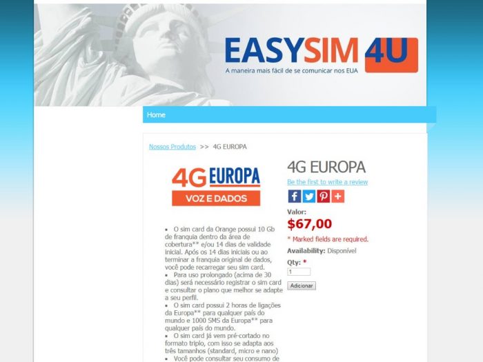 Formulário para o chip Orange da EasySim4U (que oferece internet + ligações)