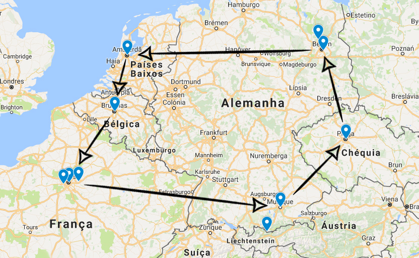 Mapa com roteiro da viagem