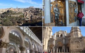 TOLEDO: Panorama do Mirador del Valle e loja de armas + armaduras (em cima) – Arcos mouriscos da Sinagoga Sta Maria la Blanca e a Catedral de Toledo (embaixo)