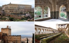 ALHAMBRA: Palácio de Carlos V e uma das salas dos Palácios Nasridas (em cima) – Torre da fortaleza de Alhambra e Generalife (embaixo)
