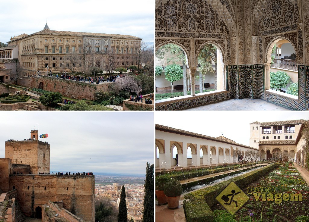 ALHAMBRA: Palácio de Carlos V e uma das salas dos Palácios Nasridas (em cima) – Torre da fortaleza de Alhambra e Generalife (embaixo)