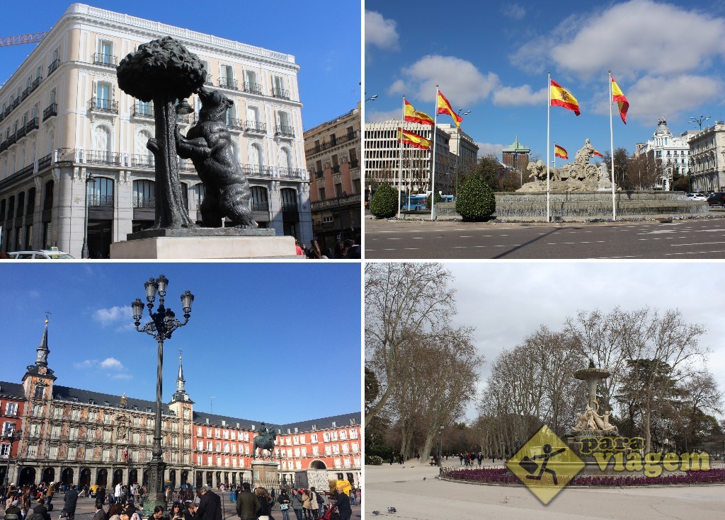 MADRI: Urso símbolo da cidade na Plaza Puerta del Sol e a Plaza de Cibeles (em cima) – Plaza Mayor e Parque del Retiro (embaixo)