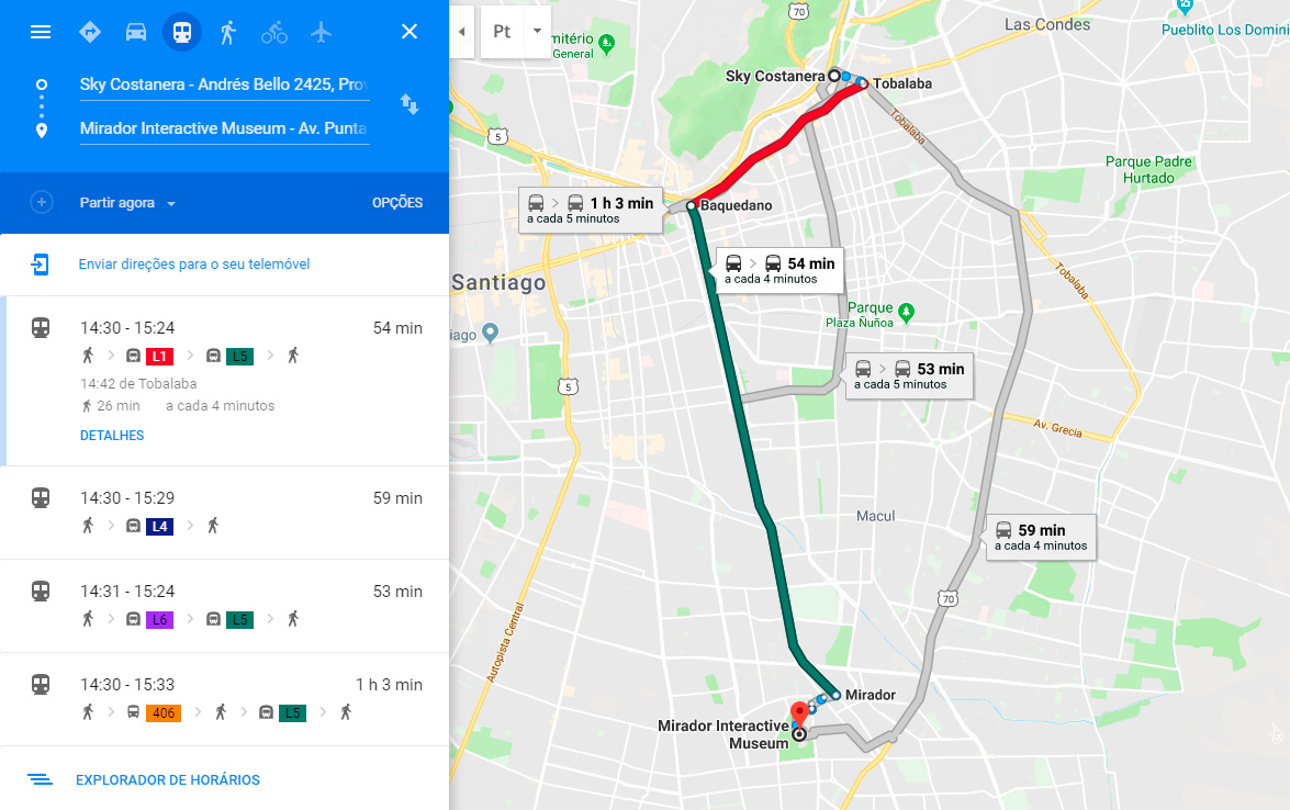 Opções de transporte público em Santiago no Google Maps