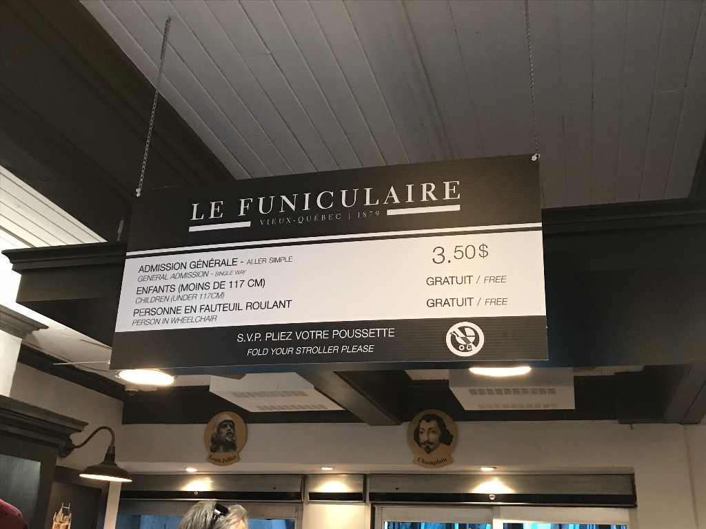 Valor do ticket do Funicular de Quebec (preço Set/18)