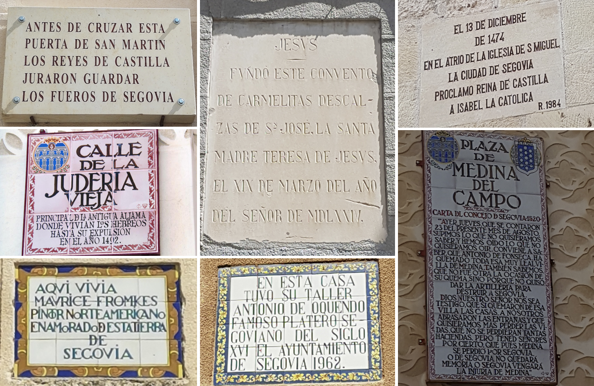 Placas contando acontecimentos históricos em Segóvia