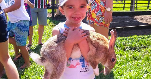 Crianças com um coelho na fazendinha